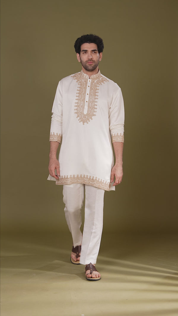 White Short Kurta Pant Set for Men with Dori Embroidery
