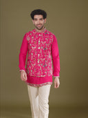 Pink Floral Bandi Jacket Set for Men with Kurta & Cream Aligarhi
