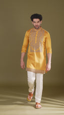 Yellow Satin Linen Kurta Set for Men with Aligarhi & Dori Embroidery | Kora
