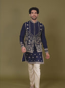 Blue Blended Silk Bandi Jacket Set for Men with Kurta & Aligarhi