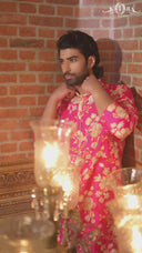 Pink Floral Embroidered Kurta Set with Beige Buttons Aligarhi