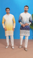White Yellow Silk Kurta with White Aligarhi Pants for Men