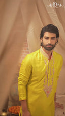 Mustard Silk Kurta Set with white aligarhi