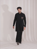 Black Terry Rayon Bandi Jacket Set for Men with Kurta & Cream Aligarhi