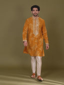 Mustard Blended Silk Floral Kurta Set for Men with Aligarhi & Mirror Work
