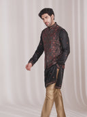 Black Satin Linen Paisley Bandi Jacket Set for Men with Kurta & Aligarhi