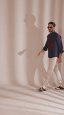 Navy Linen Bandi Shirt With Floral Embroidery