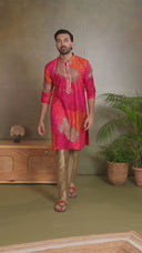 Pink Printed Kurta with Aligarhi Pants Featuring Highlight Embroidery