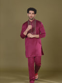 Wine Satin Linen Aligarhi Kurta Set with Hand Embroidery Work
