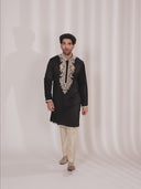 Black Satin Linen Kurta Set for Men with Resham Work & Cream Aligarhi