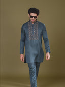 Rama Green Satin Linen Kurta Set for Men with Aligarhi & Hand Embroidery | Kora