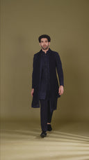 Navy blue rayon Lucknowi sherwani set for men full look