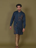 Teal Blue Nysaa Kurta Set for Men with Antique Gold Aligarhi & Resham Work