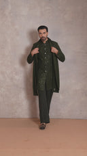 Green Embroidered Rayon Sherwani Set with Dupatta and Trouser
