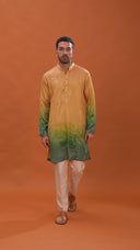 Mustard-Green Ombre Silk-Satin Linen Blend Kurta Set with Floral Embroidery Motifs Paired with Fawn-Colored Bottom.