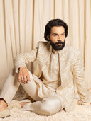Rajkummar Rao Biege Silk Heavy Embroidered Front-open Indowestern Kurta Set