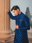 Teal blue brocade silk bandi set for men with kurta and aligarhi – front view